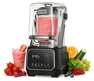 Produktbild von Standmixer Smoothie Mixer - Hochleistungsmixer 2 l - 2200 W Motor - Mit Schallschutzhaube - 6 Programme für Smoothies & Eis - Selbstreinigungsfunktion - Schwarz
