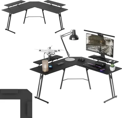 A collage of images showing an L-shaped desk from different angles and with various items on it.
