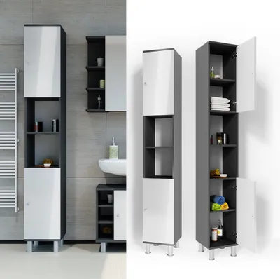 Two views of a tall, narrow bathroom cabinet. The left shows the cabinet in a bathroom setting, while the right shows a product shot with one door open.