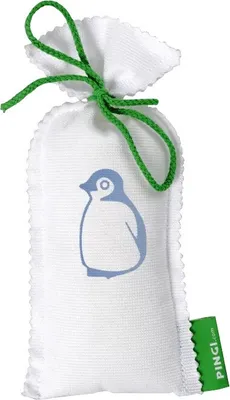 A white fabric bag with a blue penguin logo and a green drawstring.