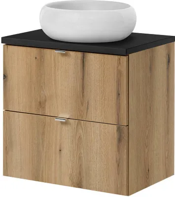Obrázok produktu pre Umývadlo "Skelbolu" s okrúhlym keramickým umývadlom a 2 zásuvkami 60 x 72 x 40 cm dubový vzhľad / čierna