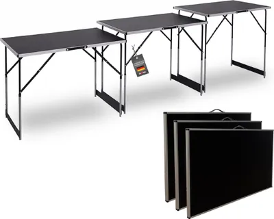 Produktbild von Grafner Multifunktionstisch 3 teilig - klappbar, höhenverstellbar - Alu Klapptisch 100x60 cm - Flohmarkt, Tapeziertisch, Campingtisch - Tisch Schwarz