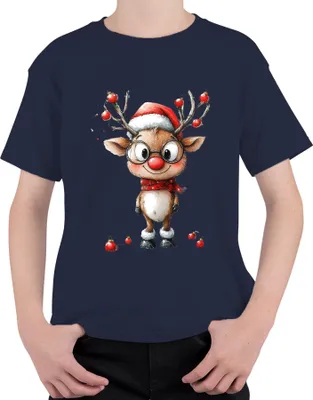Produktbild von Lustiges Rentier Rudolf mit Brille rote Nase Weihnachten Geschenk Uni Kinder T-Shirt, Navy, 140