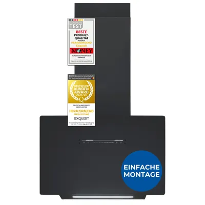 A black range hood with awards and a blue circle overlay.