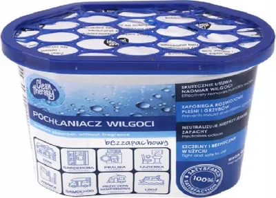 A product shot of a moisture absorber container with text and icons.