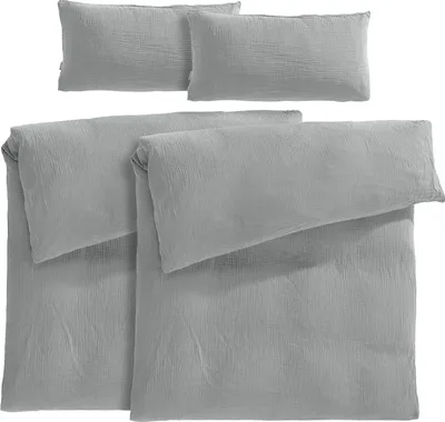 Produktbild von Pure Label Musselin Bettwäsche 155x220 4 teilig bestehend aus Bettbezug 155 x 220 cm 2er Set + Kissenbezug 40x80 cm 2er Set aus Baumwolle in grau