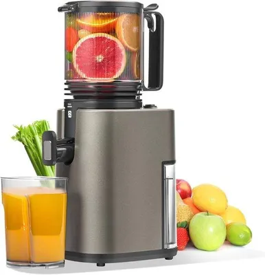 Obrázek produktu pro Odšťavňovač na studenou vodu – odstředivka na šťávy a zeleninu – otvor 14 cm a objem 2 l – pomalý odšťavňovač – rychlá montáž a snadné čištění – šedá barva