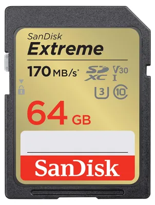 Produktbild von SanDisk Extreme, 64 GB, SDXC, Klasse 10, UHS-I, 170 MB/s, 80 MB/s