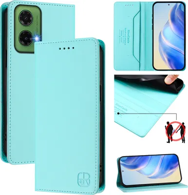 Image de Etui en cuir pour Motorola Moto G35, étui à rabat avec fentes pour cartes, portefeuille et support Turquoise