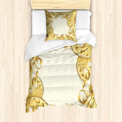 Produktbild von ABAKUHAUS Pearls Bettbezug Set, Illustration Eines Rahmens Mit Verzierungen Und Perlen Barocken Art Blumenmuster, 135 x 200 cm + 80 x 80 cm, Creme Gelb