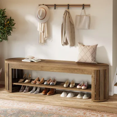 Produktbild von Tribesigns Schuhbank holz, Sitzbank mit gebogenen, vertikalen Lattenbeinen, 160 x 35 x 45 cm, für Eingangsbereich, Schlafzimmer, Wohnzimmer