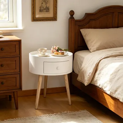 Produktbild von Runder Beistelltisch mit Schublade als kompakter Aufbewahrungstisch, fš¹r Wohnzimmer und Schlafzimmer