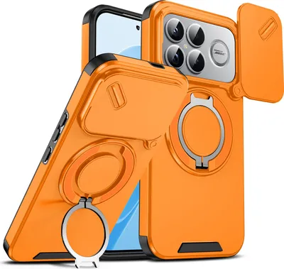 Immagine prodotto di Custodia a doppio strato per Xiaomi Poco F8 Ultra/Redmi K90 Pro Max, con copertura scorrevole per la fotocamera e supporto magnetico ad anello Arancione