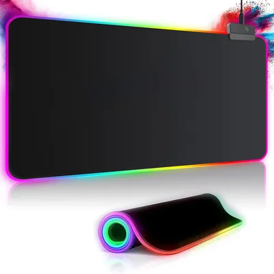 Productafbeelding van RGB-gaming muismat, 800 x 300 mm, XXL, groot, met 14 verlichtingsmodi, 7 LED-kleuren, waterdicht, antislip, geschikt voor computers, PC's, professionele gamers, zwart