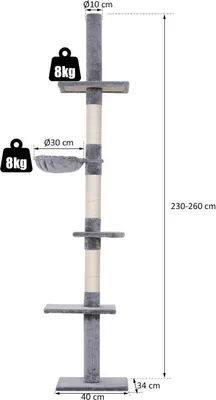 Obrázek produktu pro Strom pro kočky, výškově nastavitelný ke stropu, stabilní strom pro kočky se sisalovými sloupky, strom pro kočky, šedý, 40 x 34 x 230-260 cm