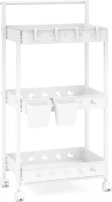 Produktbild von GOPLUS 3-Ebenen Rollwagen, Servierwagen mit Universalrädern, Griff, 2 Aufbewahrungsboxen, 4 Haken, Organizer für Kunstbedarf, Mobiler Aufbewahrungswagen für Küche, Werkstatt, Wäsche, Weiß