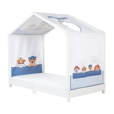 A white wooden bed frame with a house-shaped canopy featuring Paw Patrol characters.