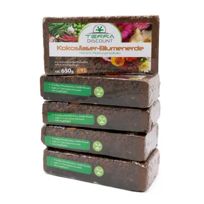 Produktbild von Kokosfaserhumus 5x650 g – ergibt ca. 45 L Blumenerde – Kokoserde Ziegel gepresst – torffreie Anzuchterde für Pflanzen, Kräuter & Gemüse