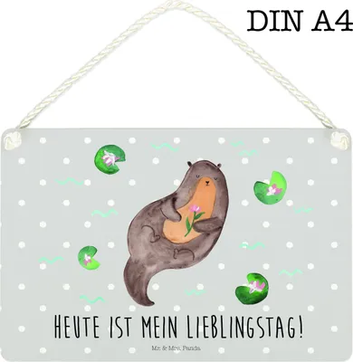 Produktbild von Mr. & Mrs. Panda Schild Otter Seerose DIN A4 - Grau Pastell - Geschenk, holzbild, Türschild, Fluss, Wasser, Lieblingstag, Seeotter, kleine aufmerksamkeit, Holzschild