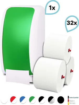 Produktbild von SET: 1x Toilettenpapierspender Doppelrollen Blanc Cosmos verschied. Farben + 32 Toilettenpapierrollen Long Life 3L - PRODUKTSET : Farbe - Grün / Weiß Farbe: Grün / Weiß