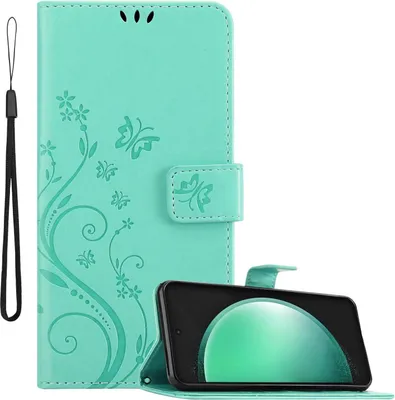 A turquoise phone case with a floral design is shown open, with a smartphone inside, on a white background.