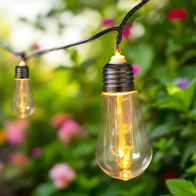 A string of lights with Edison-style bulbs hanging outdoors amongst green foliage and blurred pink and purple flowers.