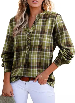 Image de ASKSA Chemise femme col V à carreaux Chemise à carreaux à manches longues décontractée Hauts (Vert,M)