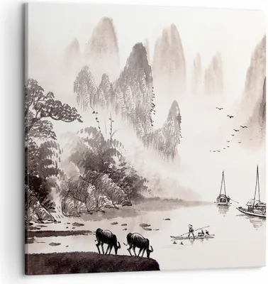 Produktbild von Bild auf Leinwand - Leinwandbild - Einteilig - Chinesisch Landschaft Aquarell - 50x50cm - Wand Bild - Wanddeko - Wandbilder - Leinwanddruck - Bilder - Wanddekoration - Leinwand bilder - AC50x50-4265