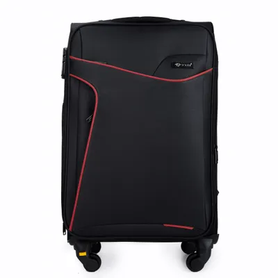 A black and red suitcase on a white background.
