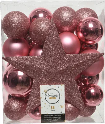Produktbild von Weihnachtskugeln Kunststoff mit Baumstern 33er Set - Lippenstiftrosa