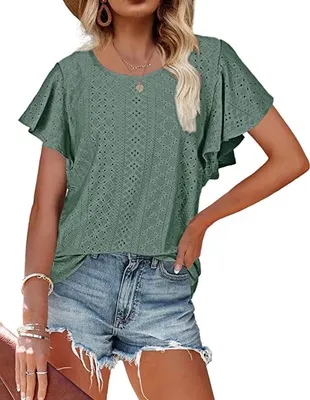 Produktbild von ASKSA Damen T-Shirt Rüschenärmel Bluse Aushöhlen Tops Casual Rundhals Loose Shirts, Grün, XL