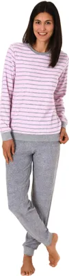 Produktbild von Damen Frottee Pyjama langarm mit Bündchen in edler Streifenoptik - 291 201 13 780 ; rosa , 40