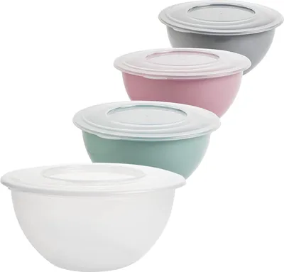 Produktbild von 4er Set Kunststoffschüssel, Rührschüsse Salatschüssel Schüssel mit Deckel Ø 28cm