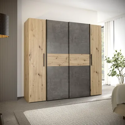 Produktbild von Forte KALIXTUS Kleiderschrank 200, moderner Dreh-/Schwebetürenschrank, 4-türig, geräumig, Holzwerkstoff, Artisan Eiche Holzdekor/Betonoptik Grau, 200,1 cm breit x 190,5 cm hoch x 61,2 cm tief