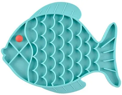 Productafbeelding van Ibenzoa® siliconen voerbak (vrij van BPA) met visdesign – antislip en robuust voor honden en katten, afmetingen ongeveer 19 x 24,5 cm, bevordert de activiteit tijdens het eten