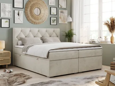Produktbild von Boxspringbett 180x200 mit Bettkasten, Boxspringbett 180x200 mit Matratze, Doppelbett mit Matratze und Topper - Polsterbett mit Kopfteil - Stauraumbett - ALDA - 180x200 - Beige - Velvet - H4