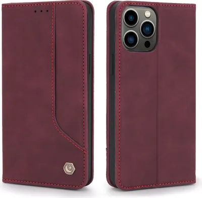 Produktbild von iPhone 14 Pro Hülle, Retro Kunstledertasche Schutzhülle mit Kartenfach Standfunktion für iPhone 14 Pro Rot