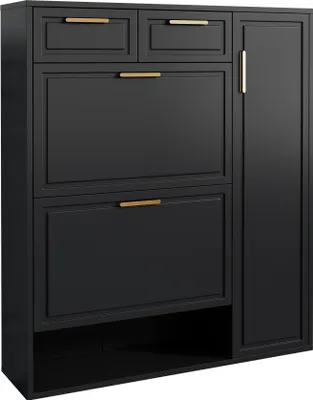 Produktbild von okwish Schuhschrank mit verstellbaren Regalen,Schuhkommode mit goldenen Griffen,Schuhregal mit Schubladen,Klappschuhschrank mit Türen, Schwarz