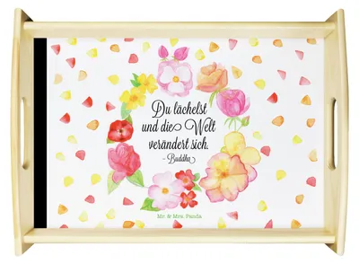 Produktbild von Mr. & Mrs. Panda sofatablett Du Lächelst - Geschenk, Zitat schön, Lachen Spruch, glücklich sein, betttablett, Dekoration, Positiv, Serviertablett, tablett holz, Freundin