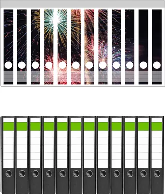 Produktbild von Wallario 12 Stück schmale Ordner inkl. Klebeetiketten mit Motive Feuerwerk bei Nacht -  Set mit Rückenschildern / Ordnerrücken Stickern