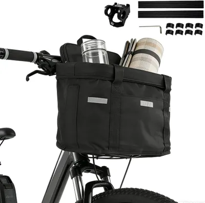 Obrázok produktu pre Skladací košík na bicykel čierny, vodotesný, na riadidlá, s rýchloupínacím držiakom, na nakupovanie