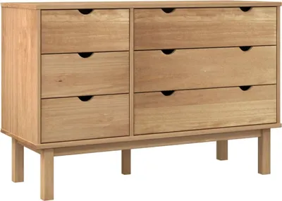 A wooden dresser with multiple drawers is shown against a white background.