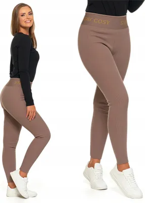 A woman modeling leggings and a top, with a close-up view of the leggings.