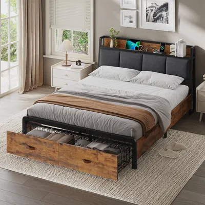Produktbild von KIMENICH Bett 160x200 cm, Metallbett Bettgestell mit Ladestation und 2 Schubladen, Schwarz + Vintage Braun