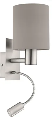 Produktbild von EGLO Wandlampe Pasteri, 2-flammige Textil Wandleuchte mit LED Leselicht, Leselampe aus Metall in Silber und Stoff in Taupe, E27 Fassung