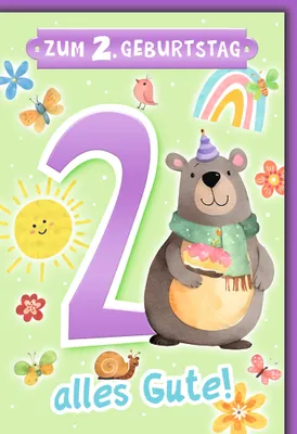Produktbild von 2. Geburtstag Glückwunschkarte mit Umschlag Braunbär Zum 2. Geburtstag alles Gute