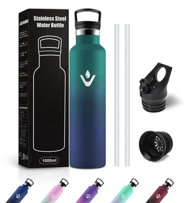 Produktbild von JAPORIA Thermosflasche 1L, Auslaufsicher, BPA-Frei, Wasserflasche mit Strohhalm,
