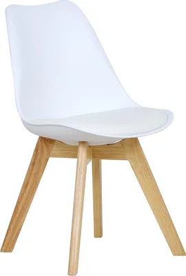 A white chair with wooden legs on a white background.