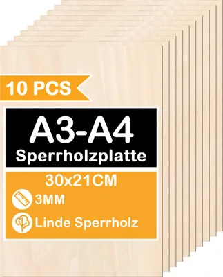 Produktbild von Jayseuw 10-50 x A3/A4 Holz-Platte | 300 x 210 x 3 mm | Dünne Sperrholz-Zuschnitte | Perfektes Blatt für Laubsäge, Brandmalerei, Laserschnitt, Durchbrochenes, CNC Router