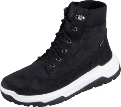 A single black high-top sneaker with a white sole is shown against a white background.